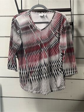 Chico's Stretch V‑Neck Long Sleeve Top in Black, White & Red